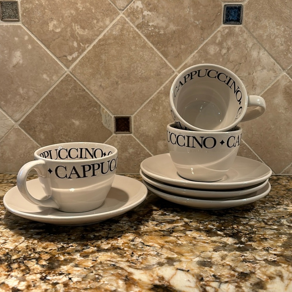 Roshco Cappuccino Espresso Coffee Set 3 cups & 4 saucers Bold Printed CAPPUCCINO